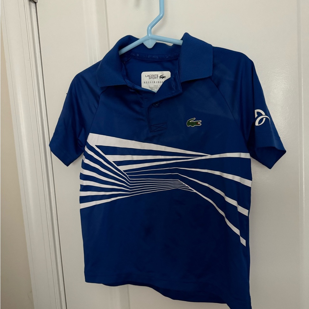 Lacoste Boys Blue Polo with White Graphic Stripes